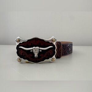 Justin Tooled Leather Western Belt Longhorn Steer Buckle Brown Size 36